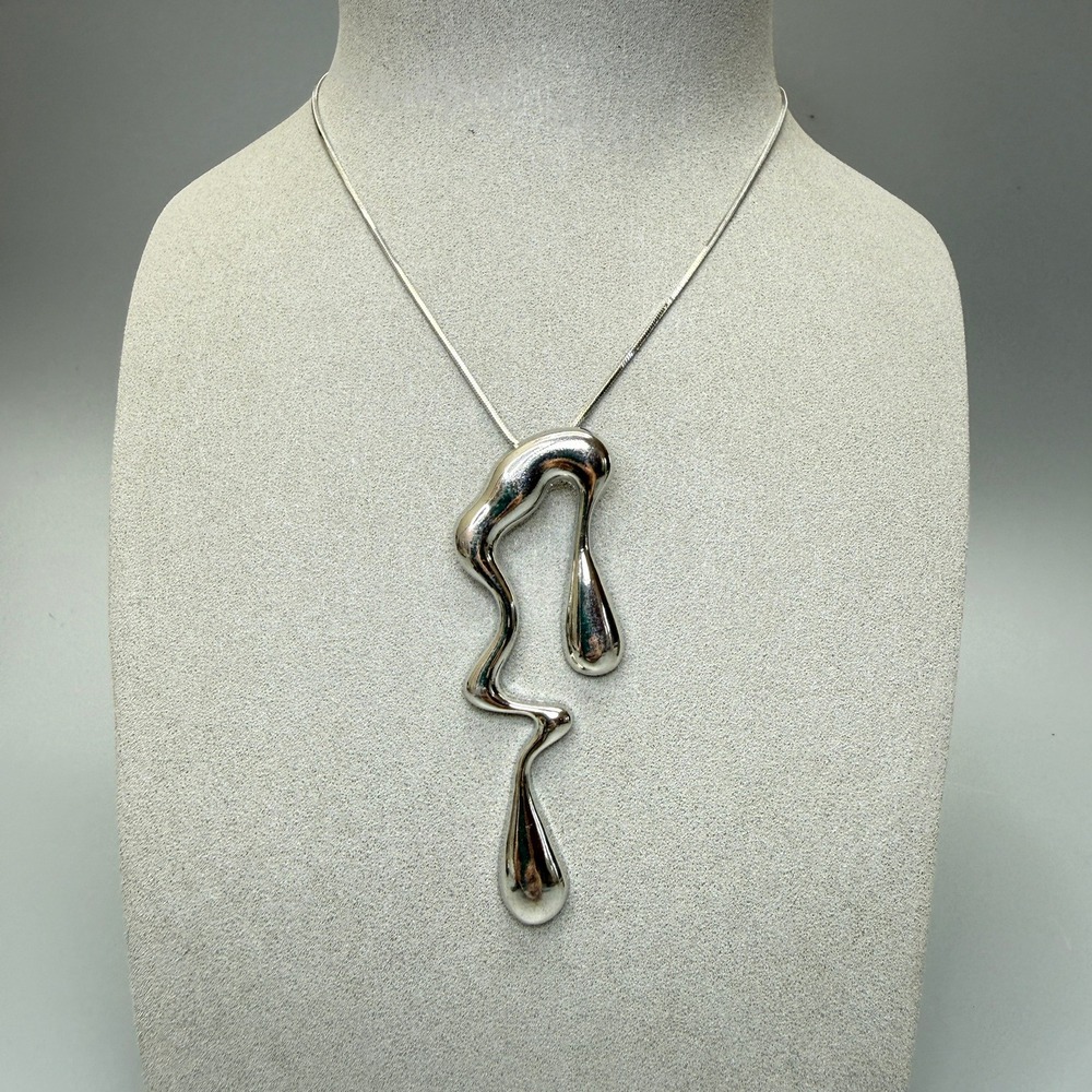 Silver Tone Brutalist Liquid Drip Pendant Snake Chain Necklace 16" Abstract Chic